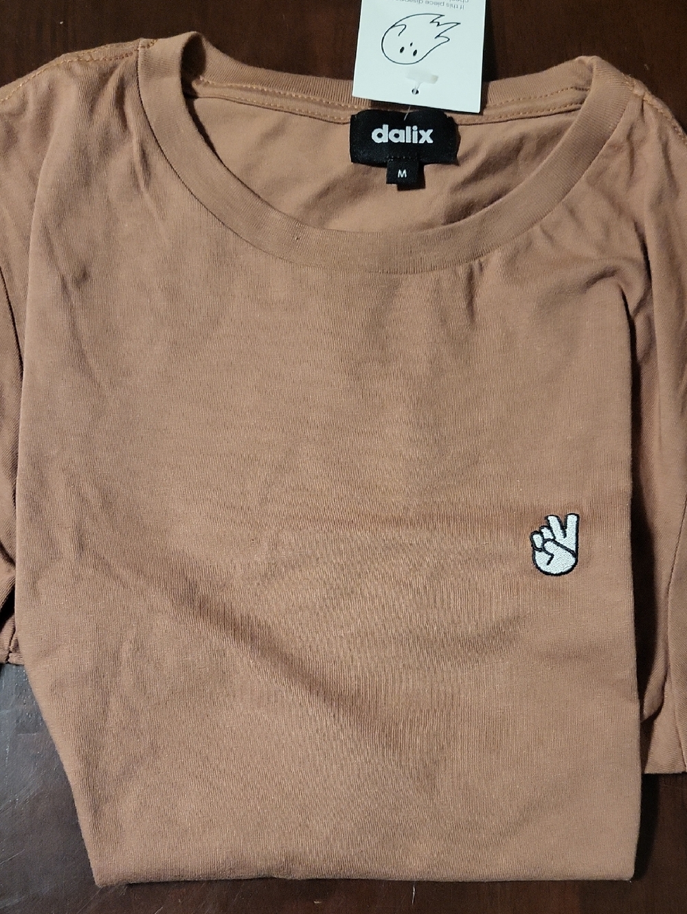 Dalix Brown Crewneck Tee with Peace Hand Patch